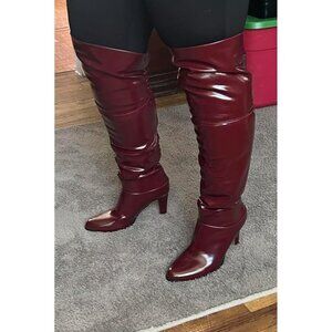 🆕Women Burgundy Synthetic Thigh High Pointed Toe Chunky Heel Over the Knee Boot